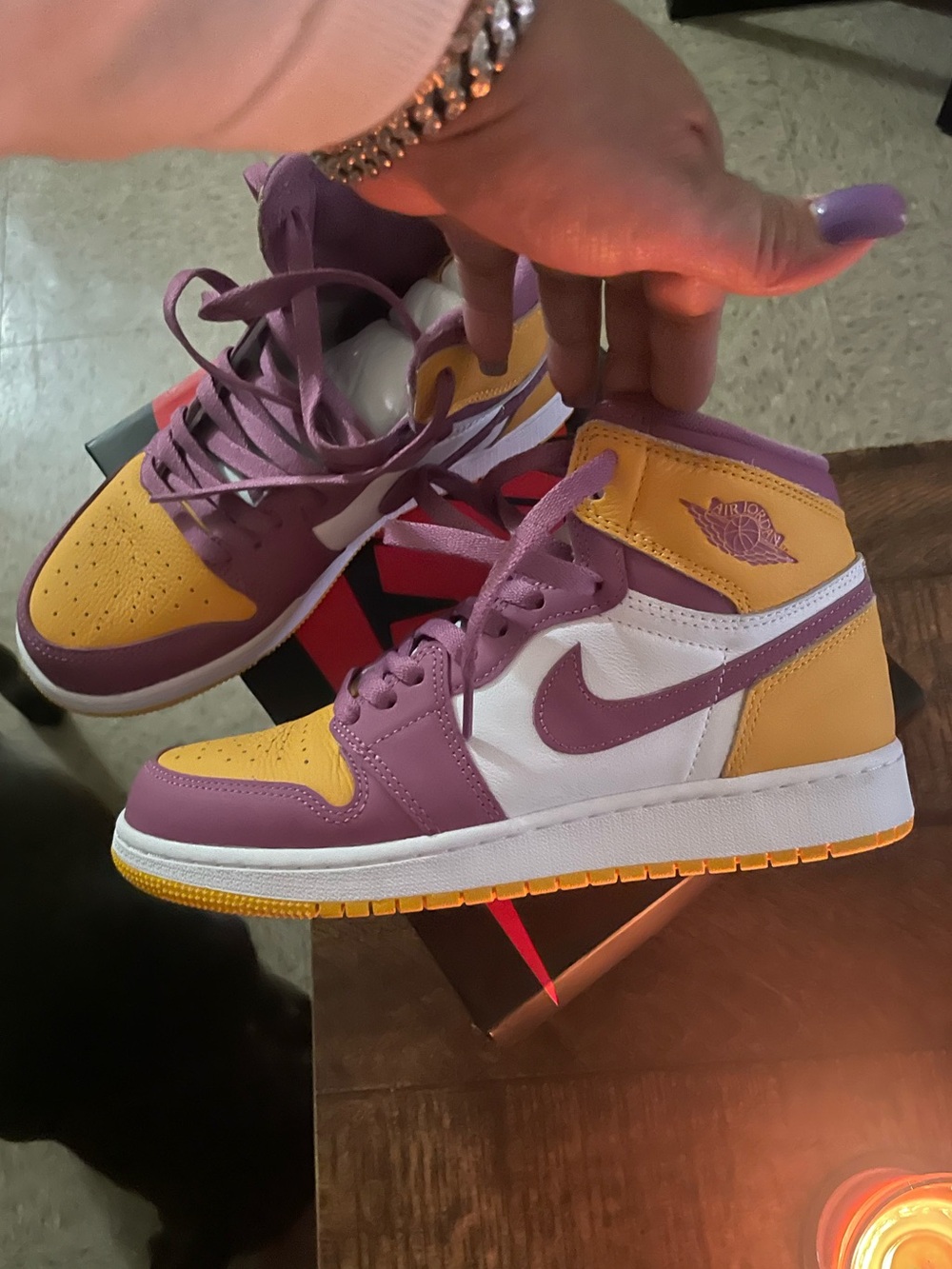 Air Jordan- youth High-Top Sneakers in Purple, Yellow & White